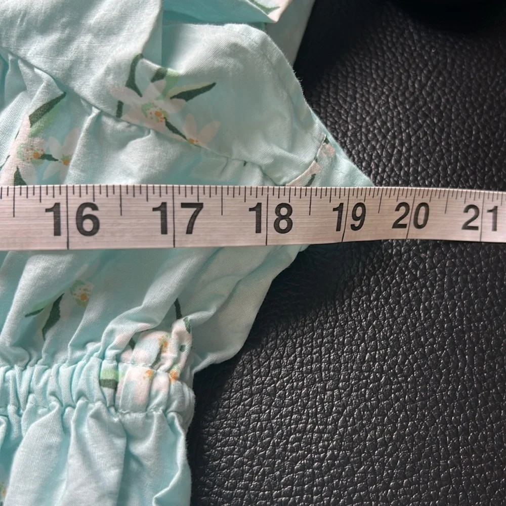 Kate Spade Whimsy Floral Puff sleeve Top Aqua White Flowers Shirt Ties Sz XL
